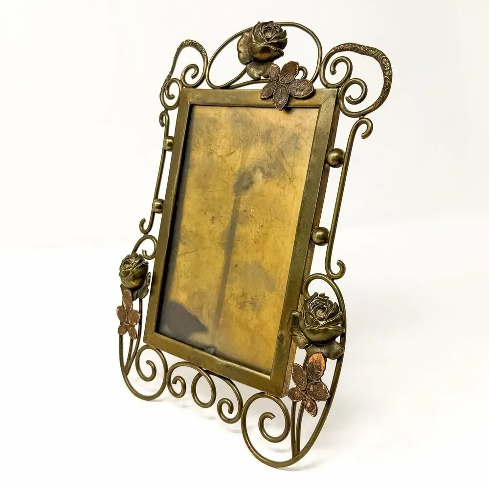 Antique Art Nouveau Brass Picture Frame Rose Floral Whiplash Easel c1900